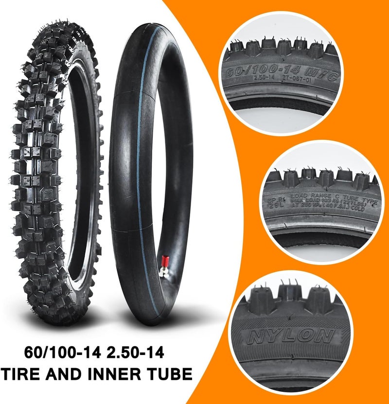 HOLATO Front 60/100-14 2.50-14 Tire and Inner Tube for 110cc 125cc CRF70 CRF110 XR70 KLX110 TTR90 PW80 RM60 RM65 TaoTao DB14 SSR Apollo Coolster Dirt Pit Bike Motorcycle Off Road Motocross Heavy Duty - Image 3